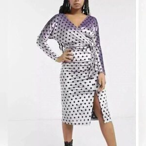 ASOS Midi Dress Sz 8 Purple Black Polka Dot Velour Slit Leg Stretch Long Sleeve